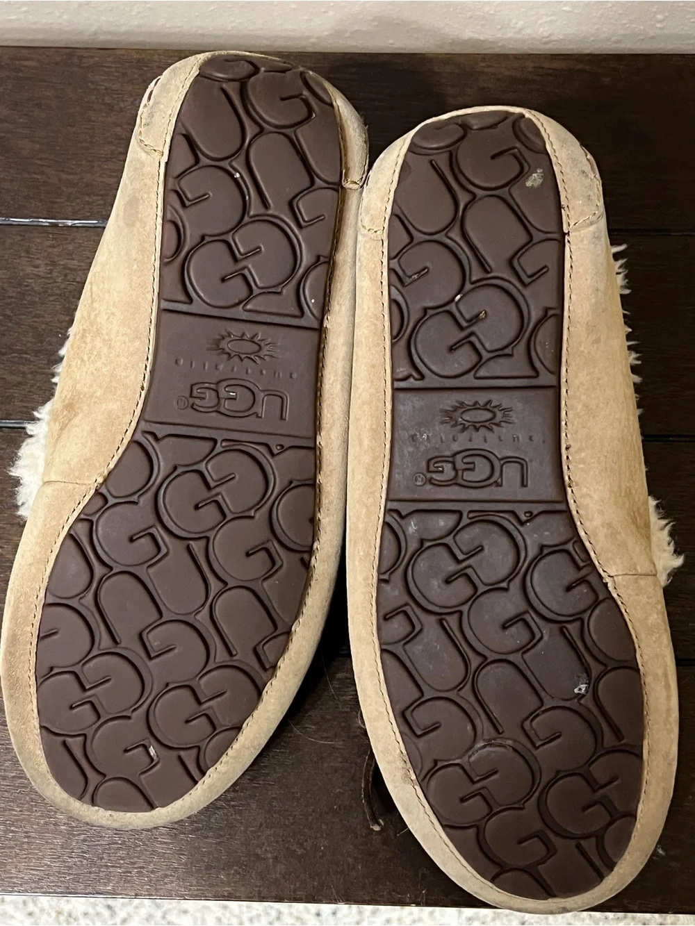 UGG Chestnut/Tan Suede Moccasin Slippers with Cream Shearling - Picture 6 of 7